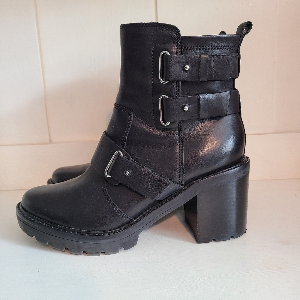 Marc Fisher ML Dream Black Lug Sole Leather Combat Moto Buckle Heeled Boots 7.5